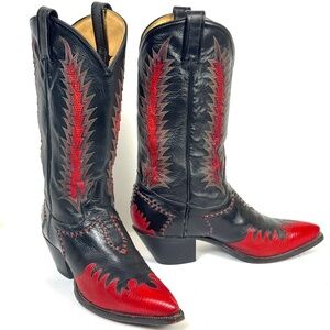 Tony Lama Classic Firewalker Black Cowboy Boots - Mens 9D Red Lizard Inlaid